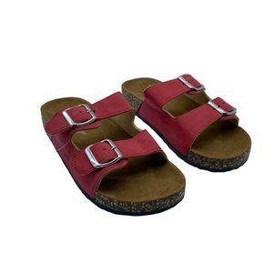 NEW Lia Women Comfort Red‎ Molded Footbeds Silver Metal Buckles Sandals
